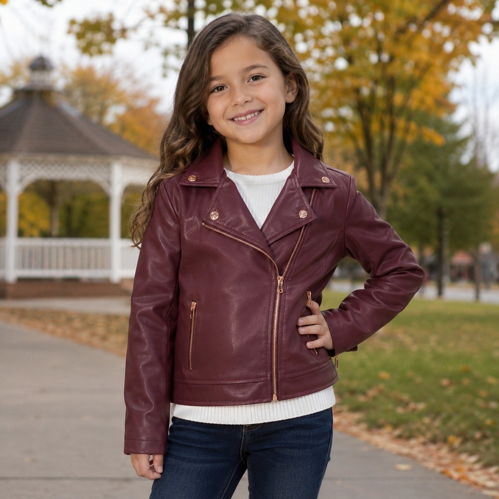 Vince Camuto Girls Size 7 Burgundy Faux Leather Moto Biker Jacket Rose Gold